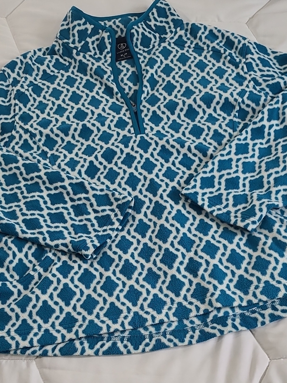 Lands' End Teal and White Patterned Zip-Up Fleece Sweatshirt Sz P/XL